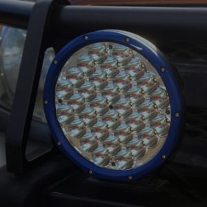 Round LED driving light fitted to a four-wheel-drive vehicle